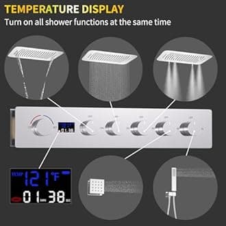 AYIVG Thermostatic Shower System with Body Jets 16 * 24 Inch Ceiling Mount Rain Shower Faucet Set Temperature Display Shower System Chrome Multi Shower Head System with 5 Ways Shower Valve