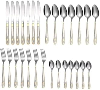 Mirror Finish Silver Gold Plated Stainless Steel Flatware Set Copper Silverware Set Rose Gold Spoon Color Cutlery Set [Dinner Fork-Tea Spoon-Salad Spoon-Knife] Set of (Silver Gold, 28)