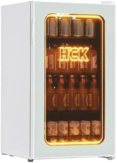 HCK 98L Beverage Fridge Cooler, 3D Orange Light Mini Fridge with Glass Door, 105 Cans Small Refrigerator with Adjustable Shelves for Soda Beer or Wine, Perfect for Home/Bar/Office (White)