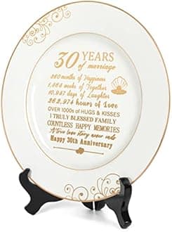 30th Anniversary Wedding Gifts for Wife-30th Anniversaty Plate with 24k Gold Foil,30 Year Aniversary Wedding Gifts Decorations for Couple Him Her Husband,Ceramic Plate with Stand 9 Inch