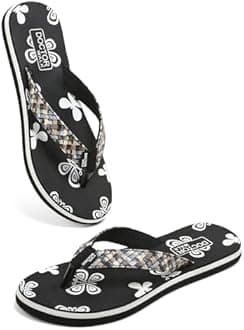 Doctor Walk Women's Butterfly Print Flip Flops with Woven Straps, Black and White, Comfortable Anti-Skid Footbed Slipper