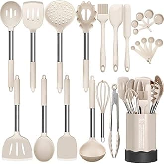 Silicone Cooking Utensil Set, Fungun Non-stick Kitchen Utensil 24 Pcs Cooking Utensils Set, Heat Resistant Cookware, Silicone Kitchen Tools Gift with Stainless Steel Handle (Khaki-24pcs) …