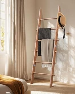 TEAKMAMA 6-Tier Blanket Ladder with Hanging Knobs,5.5 Ft Wall Leaning Blanket Ladders for Living Room Bedroom,Rustic Decorative Storage for Quilts,Throws,Easy to Assemble,Honey Brown
