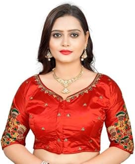 Cotton Silk All Over embrodered Round Neck Cutwork Half Sleeves Saree Blouse Readymade Crop Top Choli for Girls & Womens Free Size (503)