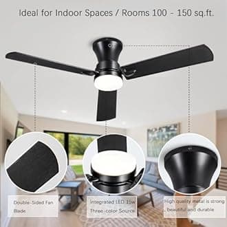 Ceiling Fans with Light, 52 inch Low Profile Ceiling Fan with Light and Remote Control, Flush Mount, Reversible, 3CCT, dimmable, noiseless, Black Ceiling Fan for Bedroom, Indoor/Outdoor use