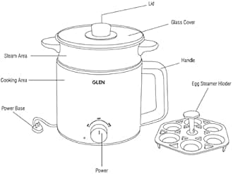 Glen Multicooker Electric Kettle Multipurpose 1.5 Litre, 600W, with Steamer, Cook, Boil & Steam, Egg Boiler, Auto Shut-off, 2 Heat Settings -Silver & Black (9016)