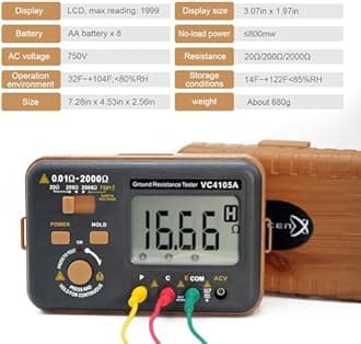 Telurometro,VC4105A Digital Earth Resistance Tester,SKYCENX Grounding Meter Tester for Earthing,Wood-Look Casing,Offers Three Resistance Ranges(20Ω/200Ω/2000Ω) and AC Voltages 750V