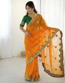 SIRIL Women's Georgette Bandhani Printed and Embroidery Saree with Unstitched Blouse Piece