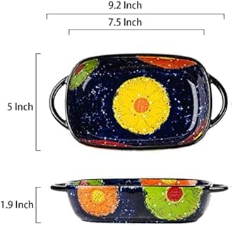 Vintage Style Pottery Bakeware Colorful Daisy Pattern Ceramic Casserole Dish Baking Pan Lasagna Pans Baking Dish with Handles from Oven to Table Plate-1 PCS, 22 OZ
