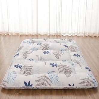 Japanese Floor Mattress, Futon Mattress with Portable Storage Bag and Washable Cover, Roll Up Thick Tatami Mat Suitable for Camping, Guest Room, White Leaf, Full