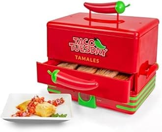 Nostalgia Taco Tuesday Tamales Steamer - Veggie, Pot Sticker, Hot Dog, Egg, & Hot Tamale 2 Tier Food Steamer - Red and Green
