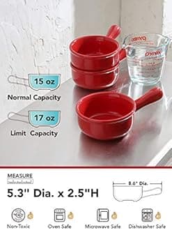 LE TAUCI French Onion Soup Bowls, 15 Ounce Ceramic Soup Bowls with Handles, for Chili, Beef Stew, Oven Microwave Dishwasher Safe, Set of 4, Red