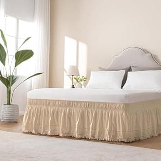 MIYE Wrap Around Ruffled Lace Bed Skirt, Elastic Dust Ruffle with Adjustable Belts, Easy to Put On, Bed Frame Cover, Machine Washable (Tassel Ruffle/Beige, Full/Twin-12.5" Drop)