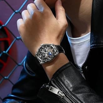 OUPINKE Mens Mechanical Wrist Watch Luxury Business Skeleton Leather Automatic Self Winding Waterproof 50M/5ATM Luminous Watches for Men Gift