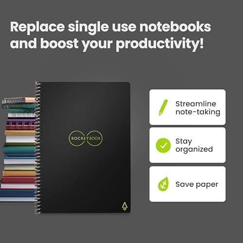 Rocketbook Smart Reusable Notebook - Lined Eco Friendly Notebook - Executive A5 - Infinity Black, Lined, Pilot Frixion Pen and Wipe Included