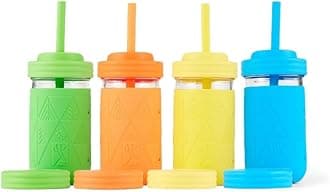 Elk and Friends 12oz Glass Kids + Toddler Drinking Cups | The Original Mason Jars with Lids + Sleeves + Straws | Smoothie Cups | Spill Resistant | Dishwasher Safe | 4 Pack