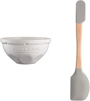 Mason Cash Innovative Kitchen Mixing Bowl, Ceramic, Off- White, 29 x 29 x 14 cm & 2008.204 Innovative Kitchen Spatula, Wood, Beige, 34 x 2.2 x 1 cm