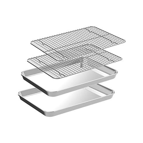 Small Baking Sheet with Rack Set [2 Cookie Sheets + 2 Baking Racks], CEKEE Stainless Steel Small Baking Pan and Grill Rack - Rust & Warp Resistant & Nonstick, Size 9.33 x 6.96 x 1 Inch