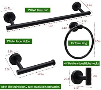 Bathroom Hardware Set, 10pcs Matte Black Stainless Steel Bathroom Hardware Set, Bath Hardware Set Including 16" Hand Towel Bars, Toilet Paper Holders, Towel Rings, Robe Towel Hooks