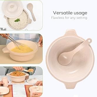 Eha Earth Friendly Serving Bowls with Lid | Microwave Safe | Made with Rice Husk and Bamboo Fibers | 2500 ml Each | Set of 2 | Sand Castle Beige