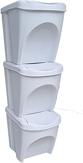 Stolmet Large Stackable Recycling Bins Set of 3x25L (Brand KrysGo) - Customizable Lids with Recycling Stickers - Waste Sorting for Home, Kitchen, Office (White + White)
