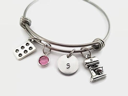 Baking charm bangle personalized adjustable bracelet with initial and birthstone gift for baker