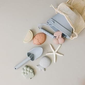 Silicone Beach Toy Set - Eco-Friendly, Easy to Clean, 5 Sand Toy Molds, Shovel & Beach Bag - Beach Toys for Kids Ages 4-8, Toddlers 1-3, Baby Beach Toys - Travel Friendly