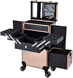 Adazzo Professional Makeup Rolling Train Case Cosmetic Train Case Large Trolley Storage Case for Nail Cosmetology Case with Compartments for Hairstylist - Rose Gold, Rose Gold New, Professional Rolling Makeup Case
