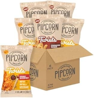 Heirloom Twists Variety Pack by Pipcorn - Cinnamon Sugar and Honey Barbeque - 4.5oz 6pk - Healthy Snacks, Gluten Free Snacks, Upcycled Heirloom Corn Flour