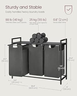VASAGLE Laundry Hamper, Laundry Basket, Laundry Sorter with 3 Pull-Out and Removable Bags, Shelf, Metal Frame, 3 x 10.6 Gallons (40 L), 36.4 x 13 x 28.4 Inches, Slate Gray and Charcoal Gray UBLH301G01
