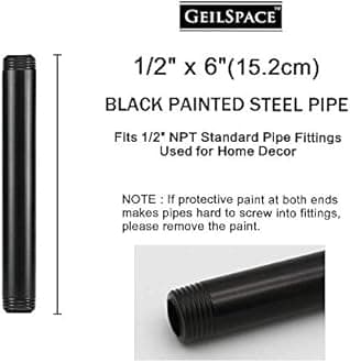 GeilSpace 6 Pack 1/2" × 6" Pre-Cut Black Metal Pipe, Industrial Steel Fits Standard Half Inch Black Threaded Pipes and Fittings - Vintage DIY Industrial Shelving (1/2" × 6")
