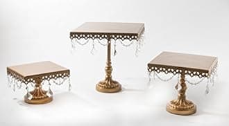 Opulent Treasures Antique Gold Cake Stand, Set of 3, Square Serving Plates, Metal, Chandelier Accents, Dessert Stand (Bronze Gold)