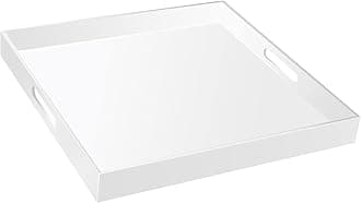 18×18 Inch Golssy White Acrylic Serving Tray with Handles Extra Large Ottoman Tray Decorative Tray Spill-Proof Coffee Table Space Saver Oversize Counter top Organizer Platter with Safe Edge