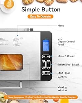 EUHOMY Bread Maker Machine 13 Program 2LB Bread Maker, Bread Machine with 3 Loaf Sizes and 3 Crust Colors, Breadmaker with Fruit & Nut Dispenser,Ideal for Family Gifts, Gluten Free