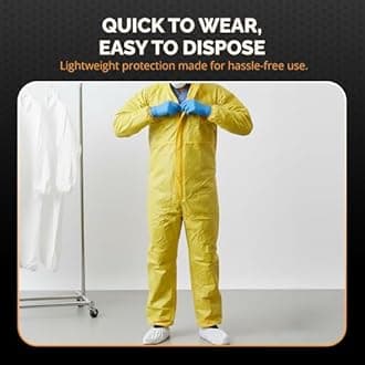 TigerTough Chemical Protection Coveralls for Men - Hazmat Suits with Hood, Zipper & Elastic Waist for Industrial Use