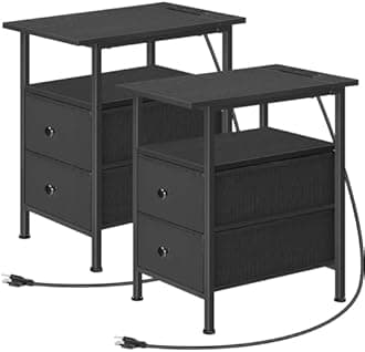 HOOBRO End Table Set of 2 with Charging Station, Narrow Side Tables, Narrow Nightstand with 2 Non-Woven Drawers, Slim Sofa Table, for Small Spaces, Living Room, Bedroom, Black BB486UBZP201