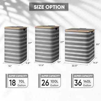 BALEINE Laundry Hamper with Lid, Tall Laundry Baskets with Bamboo Pull Handles, Large Laundry Bin with Internal Support (36 Gal/140L, Grey Pinstripe)