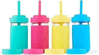 Elk and Friends Kids + Toddler Glass Cups | The Original 12oz Glass Mason Jar with Sleeves + Lids | Silicone Straws + Stopper | Smoothie Cup | Food Storage | Pink/Teal/Blue/Yellow | 4 Pack