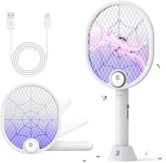 Buzbug Electric Fly Swatter, Type-C Rechargeable Bug Zapper Racket with Charging Base, Foldable Bug Zapper for Indoor and Outdoor, Mosquito Swatter with Blue-Purple Working Light
