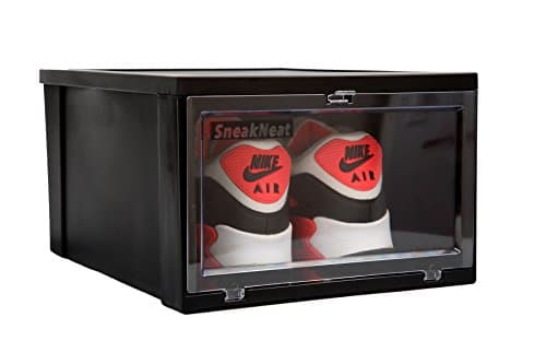 SneakNeat Drop Front Shoe Box Black (2 Pack) Stackable Plastic Storage Container Organizer Large