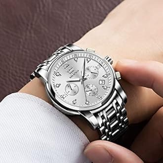 OLEVS Men's Gold Watches with Two Tone Stainless Steel Band, Classy Large Face Diamond Chronograph Watches for Men, White Face/Silver Strap, round