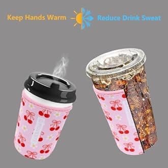 Reusable Neoprene Insulator Sleeve for Iced Coffee & Cold Soda, Coffee Sleeves for Iced & Hot Drinks, Cold Beverage Cooler Compatible with Starbucks, Dunkin (Cherry Bomb, Medium: 22-24oz)
