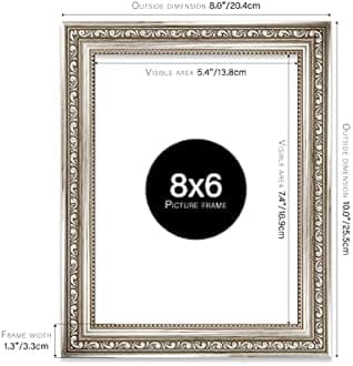 8x6 Silver Ornate Picture Frame 8"x6"(20.3x15.2cm) Poster, Photo, Artwork, or Print. Baroque Style Portrait and Landscape Display with Wall Hooks