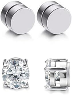 Stainless Steel Magnetic Non-piercing Biker Stud Earrings Set Piercing Huggie Small Hoop Surgical Steel Earring Stud Set Cubic Zirconia Hypoallergenic Earring for Mens Women