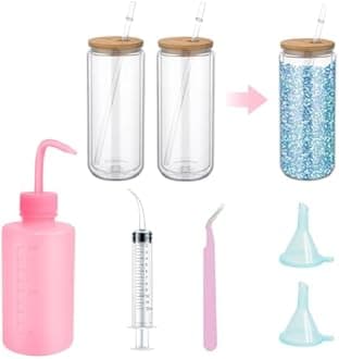 Snow Globe Tumbler 16 Oz Double Wall with Lid and Snow Globe Tumbler Supplies for Glitter Globe Kit DIY Glass Cup Gift Contains Plastic Squeeze Bottle Small Funnel Tweezers Bent Syringe