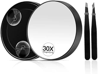 30X Magnifying Mirror, Magnifying Mirror Suction Cup, Travel Makeup Mirrors with Precise Tweezers, Compact Mirrors for The Removal of Female Facial Hair, 3.5 Inches (Black)