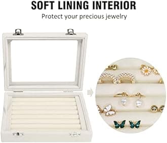 Vicoter Rings Organizer Tray 7 Slots Velvet Jewelry Earring Storage Box with Transparent lid Jewelry Display Case for Girls Wife Mom Women (Beige)