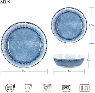 AELS Melamine Dinnerware Set of 18 Pcs Dinner Dishes Set for Indoor and Outdoor Use, Dishwasher Safe, Lightweight Unbreakable, BPA Free (Navy, Service for 6 (18pcs))