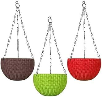 Go Hooked 7.1" Plastic Rattan Hanging Basket/Hanging Pots with Metal Hanging Chain/Multicolored Hanging Planters- Set of 3 (Flowers Not Included)