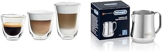 Fancy Collection Double Walled Thermo Espresso, Cappuccino and Latte Macchiato Glasses (Set of 6) and De'Longhi DLSC060 Stainless Steel Milk Frothing Jug